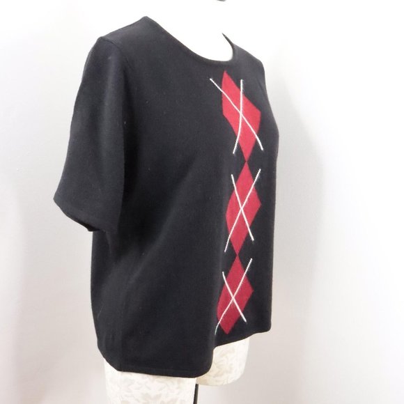 Sag Harbor Women's M Vintage Black Argyle Diamond Short Sleeve Acrylic Sweater - Picture 2 of 6